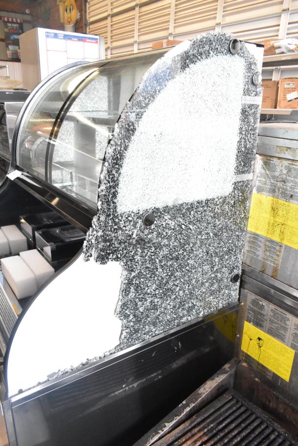 Avantco metal commercial horizontal open merchandiser, top case included, visible glass damage on side panel.