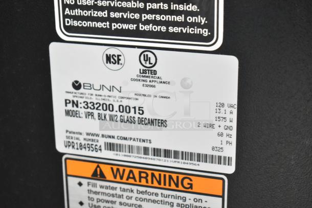 Bunn VPR 33200.0015 coffee brewer label, showing model, voltage (120 VAC), and serial number UPR1049564. NSF and UL listed.