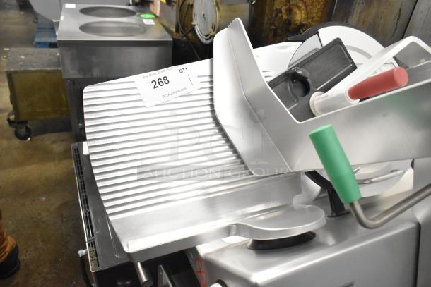 2023 Bizerba GSP HD stainless steel meat slicer on stand, excellent condition, 120V, 1 phase, with auction tag 268.