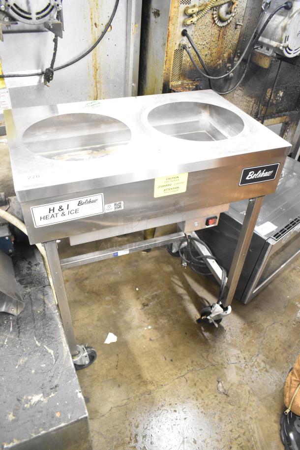 Belshaw H&I Stainless Steel Icing Station on casters, dual bowls, 115V, 1 Phase. Clean condition, brand and caution labels visible.