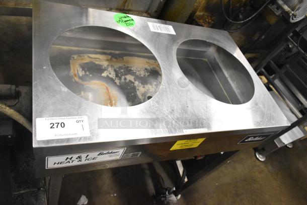 Belshaw H&I Icing Station, stainless steel, on commercial casters, 115 volts, 1 phase. Visible labels; worn condition.