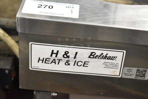 Belshaw H&I Heat and Ice icing station, stainless steel, on casters, 115V, 1 phase; model info and branding visible.