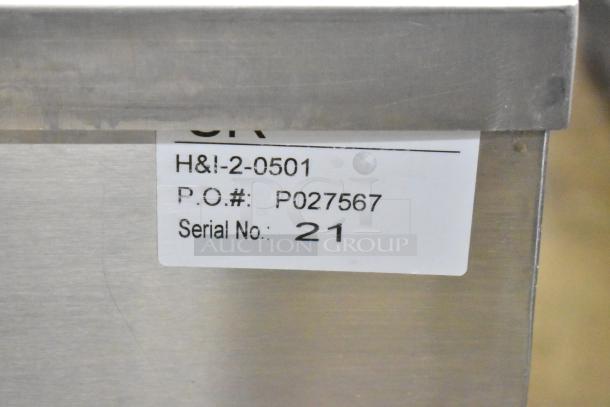 Belshaw H&I Stainless Steel Icing Station, 115V, on casters, commercial grade. Label shows P.O.# P027567, Serial No. 21.