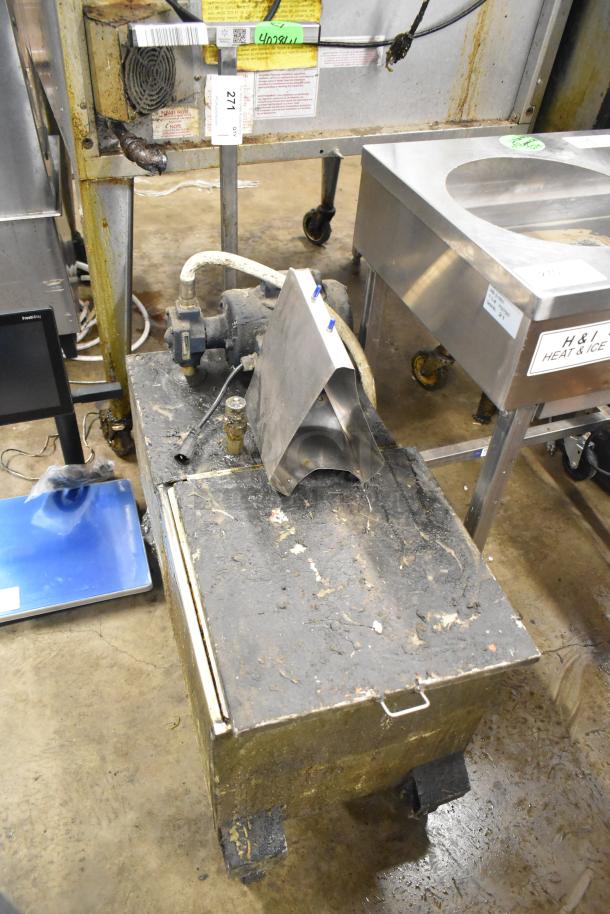 Metal Commercial Portable Filter for Fryer Oil, Model 402, 120 Volts, 1 Phase. Visible wear, includes hose and fittings.