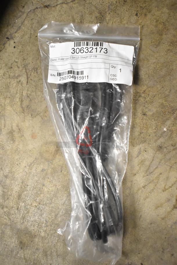 Sealed power cord for Mettler Toledo FreshWay scale. Label shows 2.5m length, part #30632173, serial #250704915911.