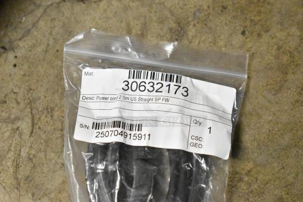 Bag containing a 2.5m US straight power cord with label. Part number 30632173. Suitable for Mettler Toledo FreshWay Scale.