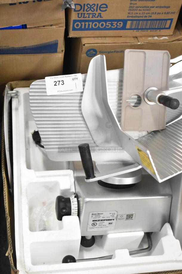 Bizerba SE 12 US stainless steel meat slicer, 120 volts, 1 phase, commercial grade, with visible label and auction tag.