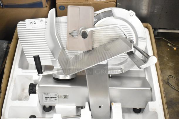 Bizerba SE 12 US stainless steel commercial countertop meat slicer, 120V, 1 phase, in excellent condition with visible labels.