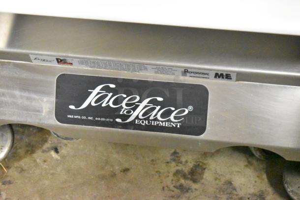 Face to Face stainless steel commercial meat slicer equipment stand, durable with branding and contact details visible.