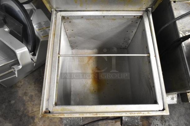 402 Metal Commercial Portable Fryer Oil Filter, 120V, 1 Phase, used, showing interior wear, suitable for commercial kitchens.