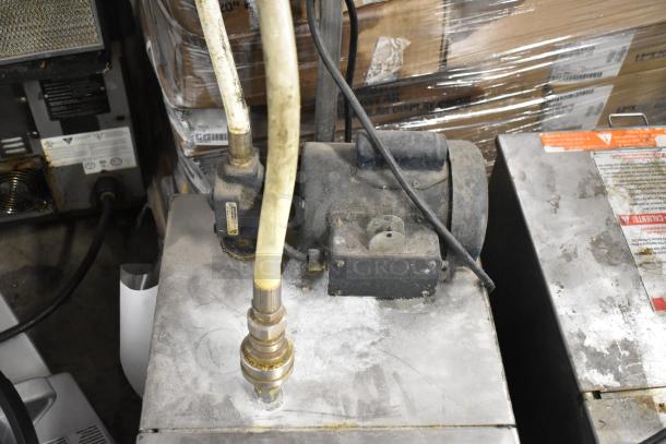 402 Metal Commercial Portable Fryer Oil Filter, 120V, 1 Phase. Dusty, well-used condition. Visible hoses and motor.