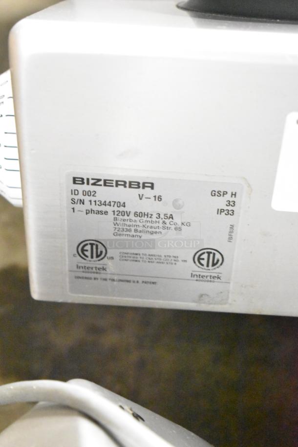 2016 Bizerba GSP H stainless steel meat slicer, 120V, 1 phase, ETL certified. Serial number 11344704 visible.