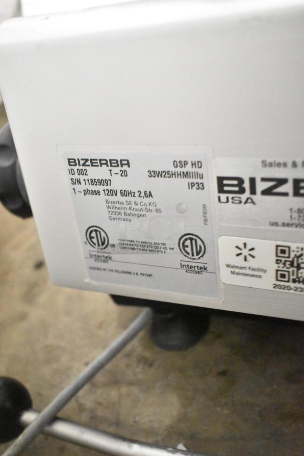 2020 Bizerba GSP HD stainless steel meat slicer, 120V, 1-phase. Visible label with model info and certifications.