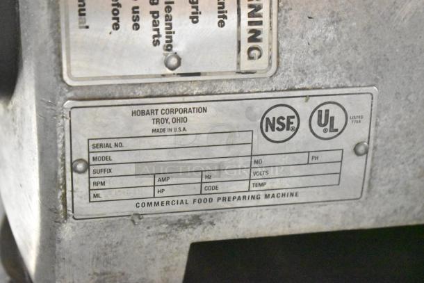 Hobart Stainless Steel Commercial Countertop Meat Slicer label showing serial information and certifications.