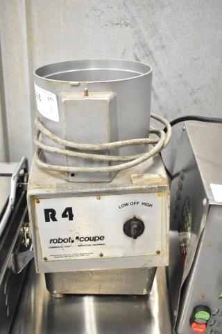 Robot Coupe R4 commercial food processor, metal body, missing lid, untested due to hardwiring, visible wear, model R4 label.