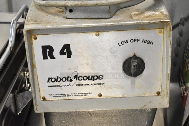 Robot Coupe R4 metal commercial food processor, missing lid, untested, previously hardwired, low/off/high switch visible.