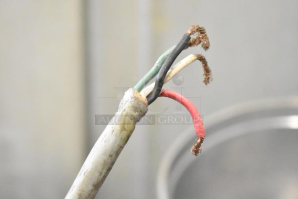 Robot Coupe R4 Commercial Food Processor, missing lid, previously hardwired. Wires exposed; unable to test functionality.