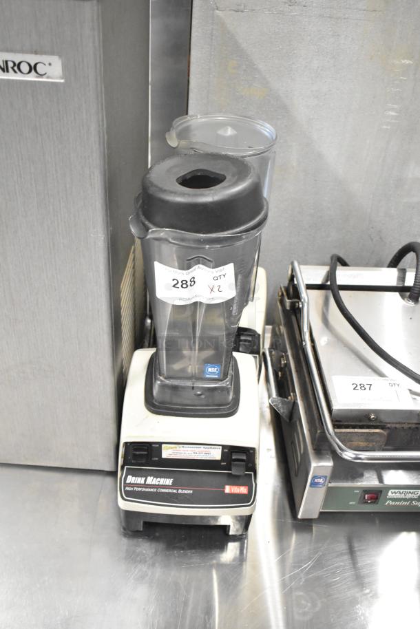 Two metal countertop blenders, including a VitaMix Drink Machine, 120 volts, labeled with auction tag 288.