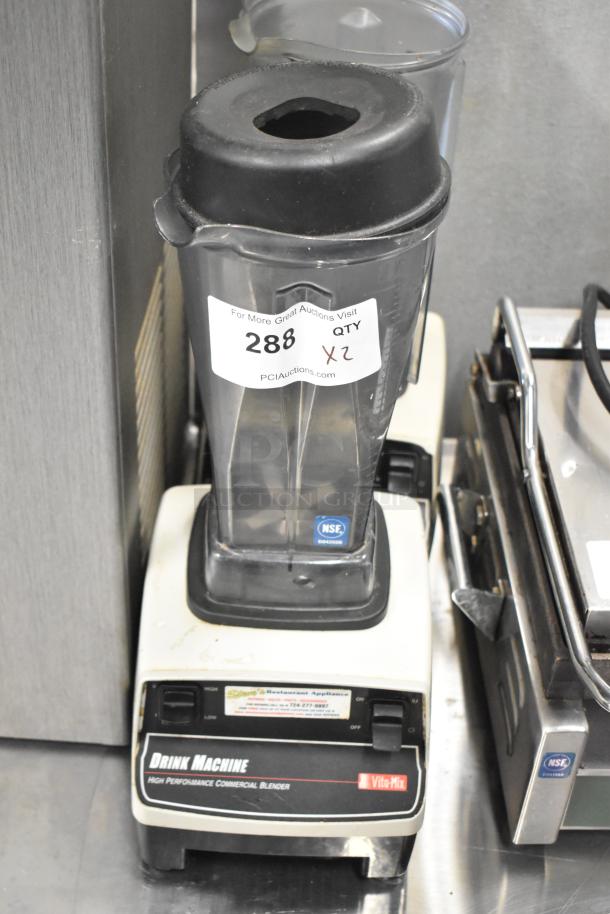 Two metal countertop blenders, including a VitaMix Drink Machine, 120 volts, 1 phase, auction tag indicating "2x."
