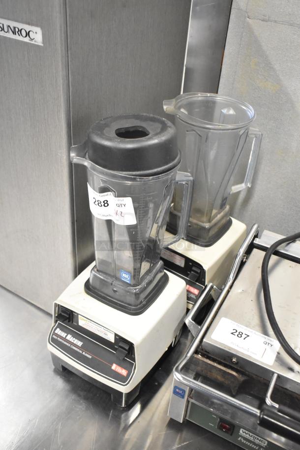 Two metal countertop blenders, including VitaMix model, 120 volts, 1 phase, with visible NSF labels, used condition.