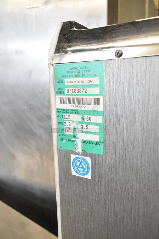 Sunroc NSW8 Pewter Vinyl Commercial Water Fountain. 115V, 1 Phase, metal with label showing model and serial number.