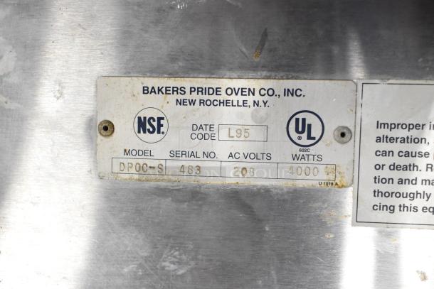 Bakers Pride DPOC-S pizza oven label indicating 208V, 4000W, NSF, UL certifications, and serial number 483.