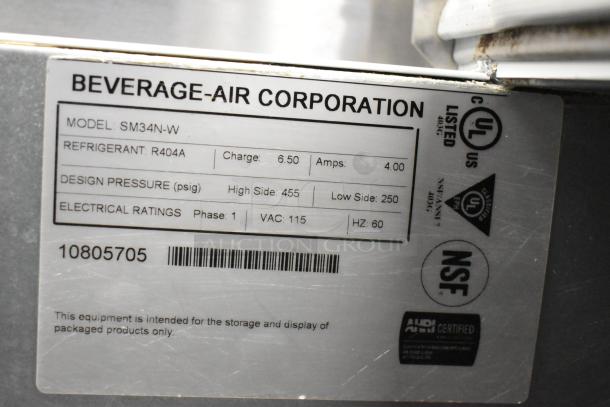 Beverage Air SM34N-W metal commercial milk cooler label, 115 volts, 1 phase, with UL and NSF certifications. Model SM34N-W.
