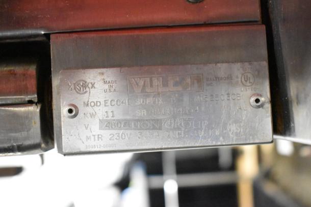 Vulcan ECO4C stainless steel commercial convection oven label indicating 480V, 3 Phase, 11KW power rating, made in USA.