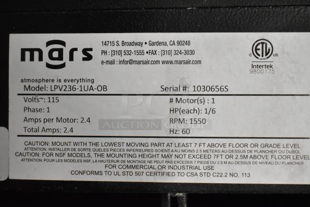 Mars LPV236-1UA-OB black metal air curtain, 115V, 1 phase, serial #1030656S. Includes detailed label with specifications.