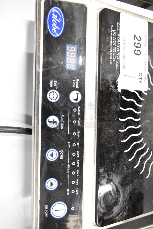 2022 Globe IR1800 single burner induction range, electric, digital controls, 120V, gently used, visible brand logo.