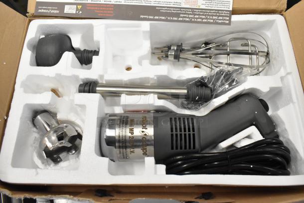 Robot Coupe Mini MP 240 Combi Immersion Blender, new in box with attachments, 120V, 1 phase, labeled handle and parts.