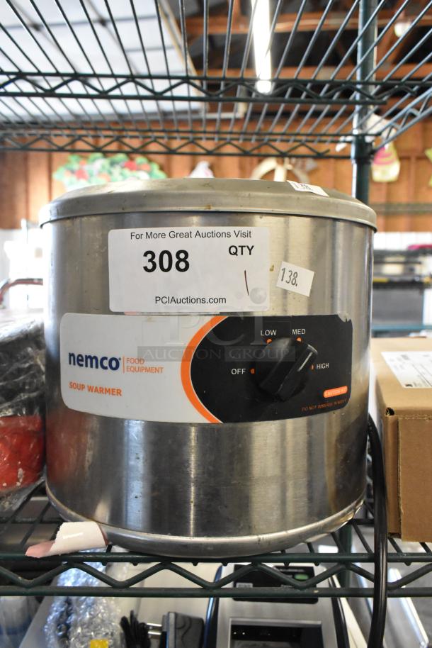 2022 Nemco 6100A stainless steel soup kettle, commercial food warmer, 120 volts, 1 phase, visible settings dial, tags.