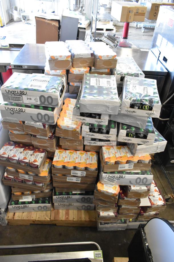 Boxes of Power Crunch Protein Crisps and Ingrilli Citrus Drinks, 98 total, stacked. New, sealed condition.
