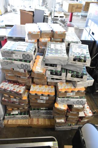 Boxes of Power Crunch Protein Crisps and Ingrilli Citrus Drinks, 98 total, stacked. New, sealed condition.