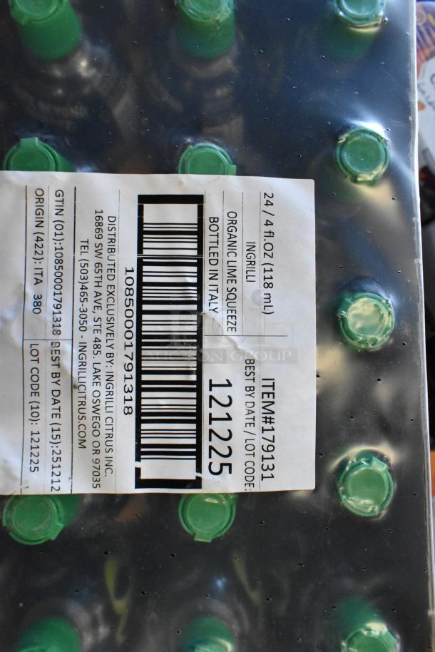 Pack of Ingrilli Organic Lime Squeeze bottles. Label shows 24/4 fl oz, bottled in Italy. Item #179131, lot code 121225.