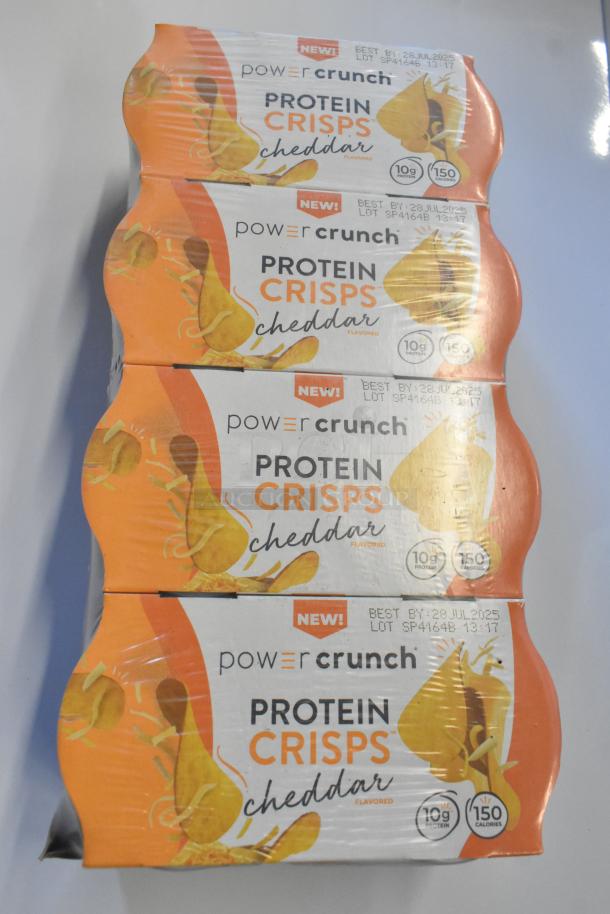 Pack of Power Crunch Protein Crisps, cheddar flavor, new condition. Best by 28 Jul 2025. Contains 10g protein, 150 calories.