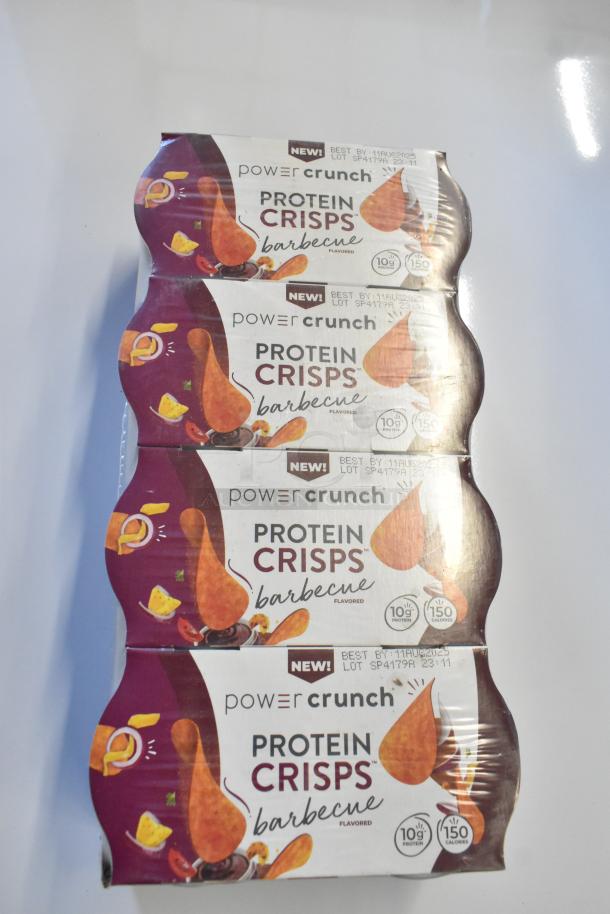Boxes of Power Crunch Protein Crisps, barbecue flavor, new condition. Label indicates 10g protein, 150 calories.