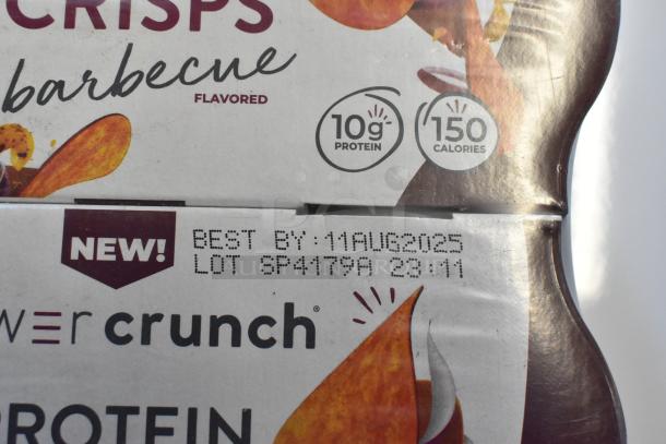 Boxes of Power Crunch Protein Crisps, barbecue-flavored, 10g protein, 150 calories, best by 11 Aug 2025.