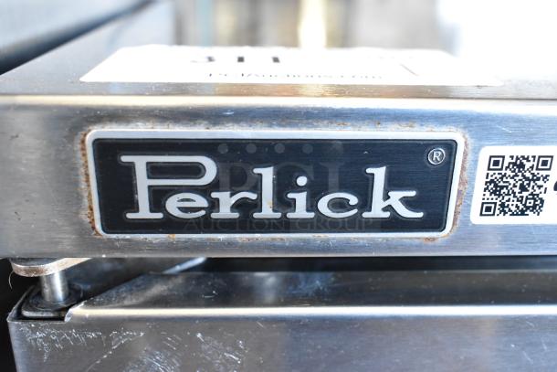 Perlick PTS60-RO-1 stainless steel label on commercial 2-door back bar cooler, showing brand logo and QR code.