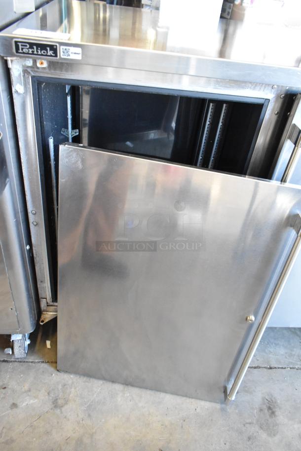 Perlick PTS60-RO-1 stainless steel 2-door back bar cooler, commercial, 115V, 1 phase, features visible Perlick logo, open door.