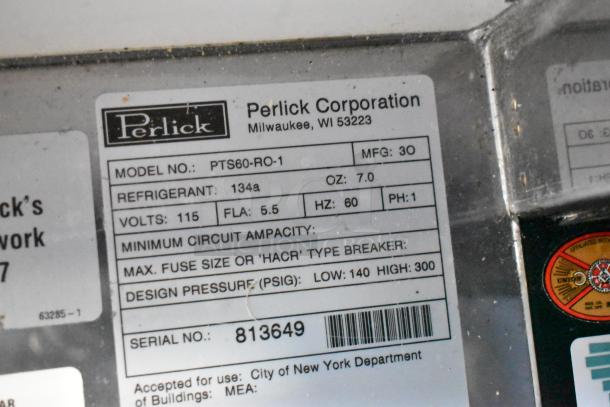 Perlick PTS60-RO-1 stainless steel cooler tag showing model, voltage, refrigerant type, and serial number.