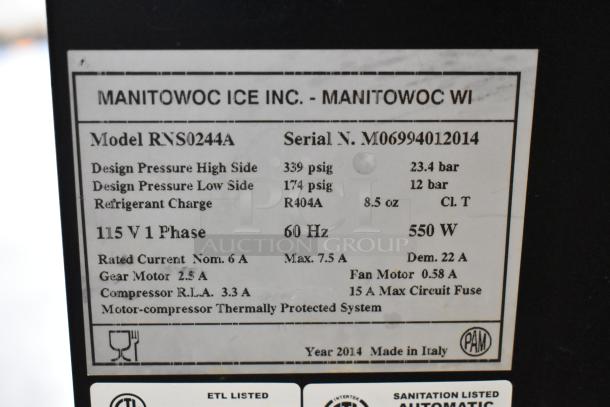 Manitowoc RNS0244A stainless steel ice machine, 115V, 1-phase, label details pressure, power, serial M06994012014.