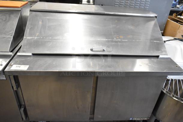 Beverage Air SPE48-18M-HMP stainless steel sandwich prep table. Bain Marie top, commercial casters, 115V, 1 phase.