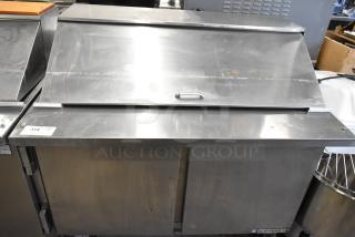 Beverage Air SPE48-18M-HMP stainless steel sandwich prep table. Bain Marie top, commercial casters, 115V, 1 phase.