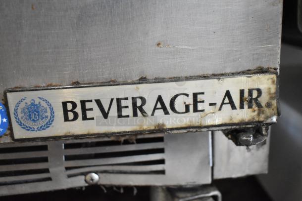 Beverage Air SPE48-18M-HMP stainless steel prep table, visible logo, commercial casters, 115V, 1 Phase, used condition.