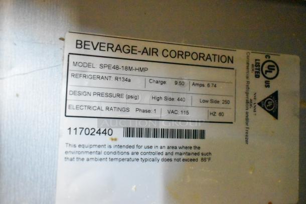 Beverage Air SPE48-18M-HMP label showing model, refrigerant R134a, electrical ratings, and usage guidelines.