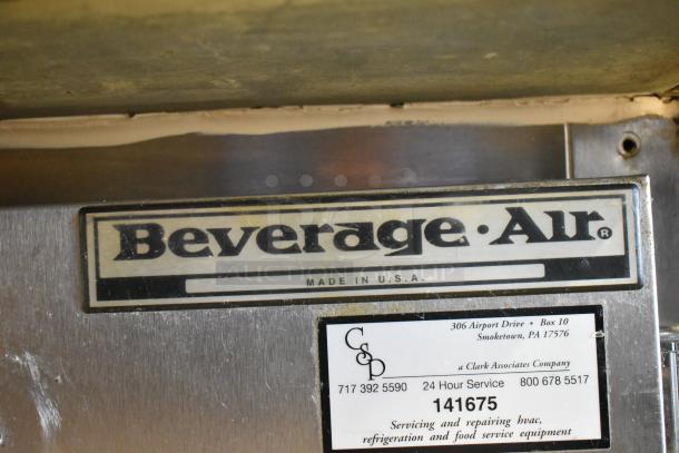 Beverage Air stainless steel commercial prep table, Mega Top model with casters, 115V, 1 Phase, U.S. made. Visible labels included.