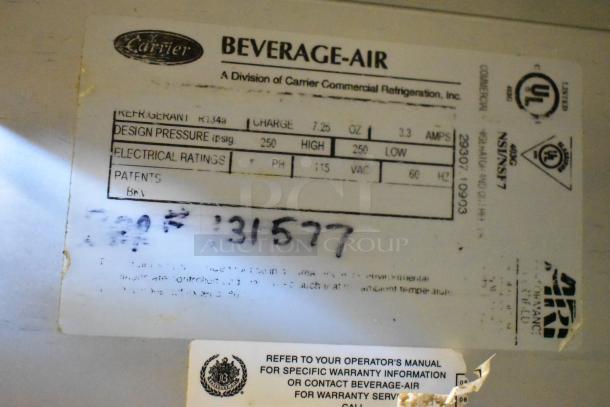 Beverage Air stainless steel prep table label showing 115 volts, 1 phase, and other specifications.
