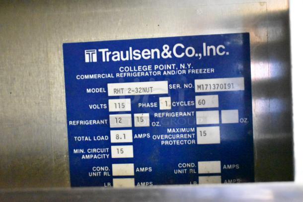 Traulsen RHT 2-32NUT reach-in cooler label showing model, 115V, 1 phase, and serial number M171370191 details.