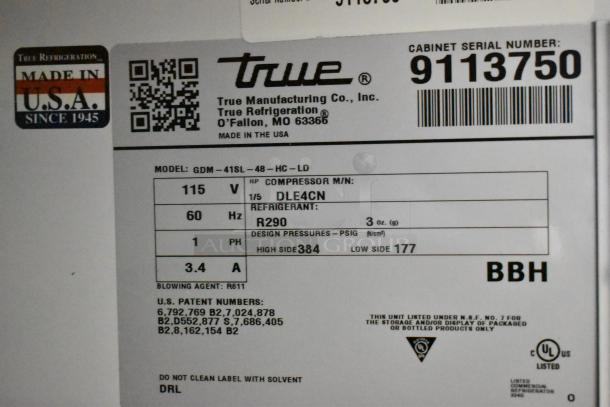 2017 True GDM-41SL-48-HC-LD cooler label, showing specs: 115V, 60Hz, 1 phase, R290 refrigerant, 3.4A. Made in USA.